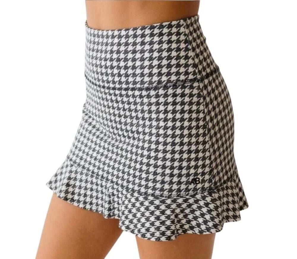 Albion Fit Houndstooth High-Waisted Swim Skirt Black White Ruffle Flirty XL EUC